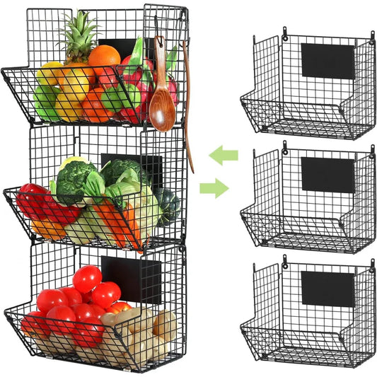 3 Tier Metal Wall Mount Basket W/Hooks & Chalkboards