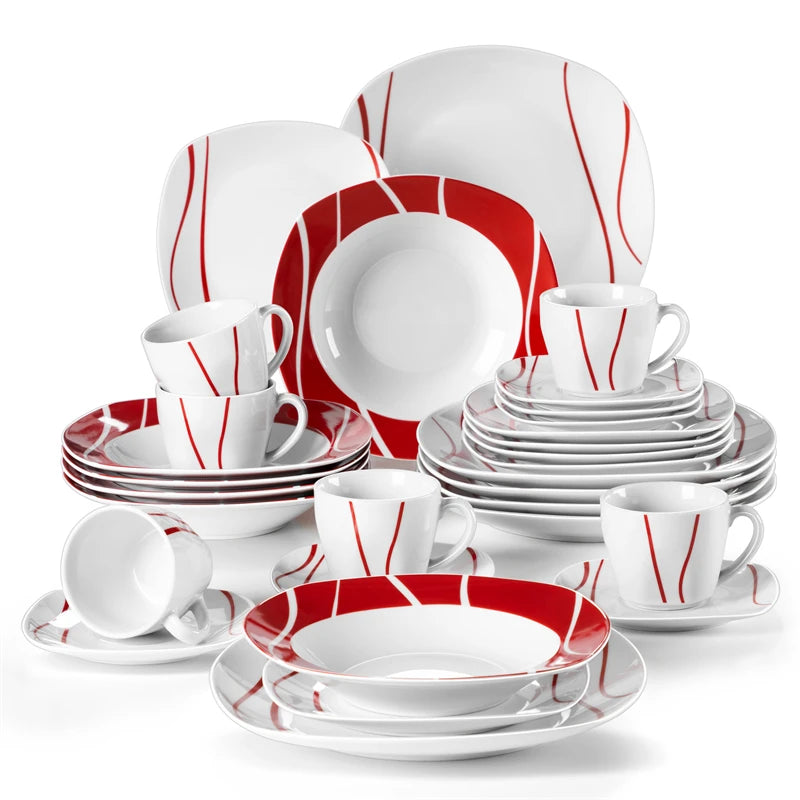 30 Pce Red Stripes Ivory White Porcelain Dinner Set