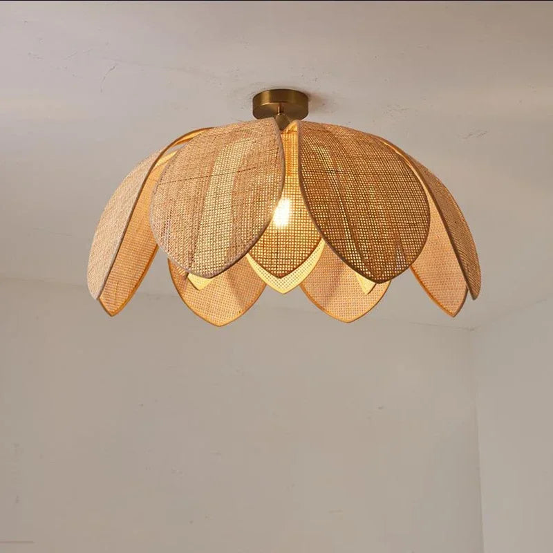 Chinese Style Natural Rattan Petal Pendant Light