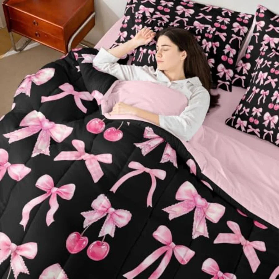 Pink Cherry Bow Comforter Set 7 Pcs