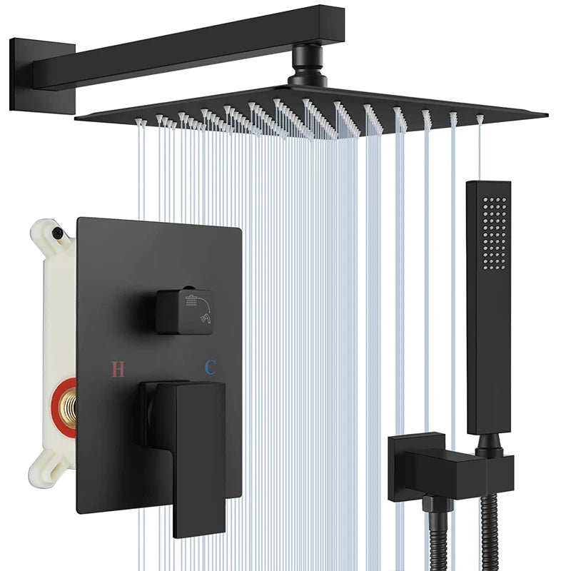 Black Concealed Shower System Rain Waterfall