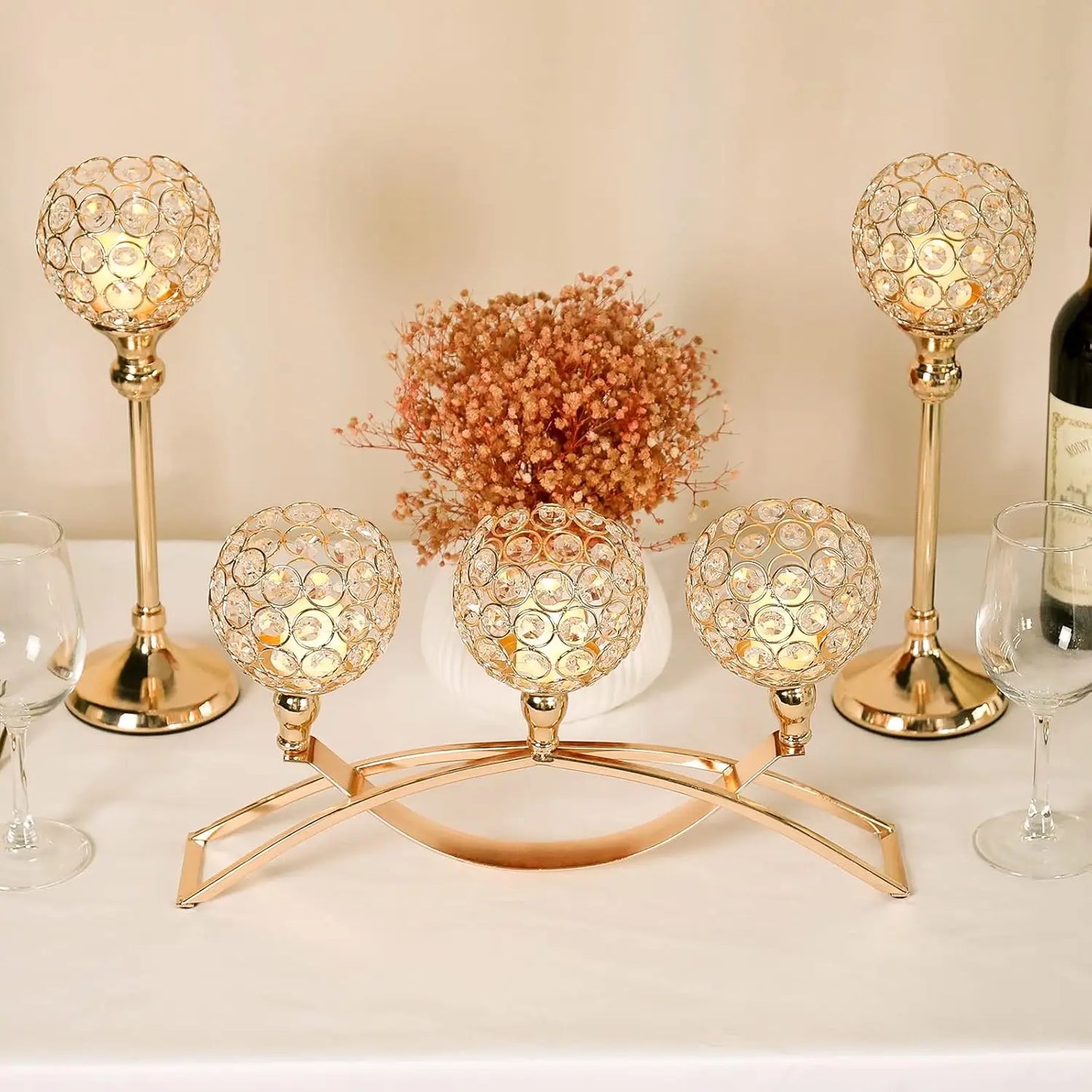 Gold Crystal Candle Holders 3 Arms 