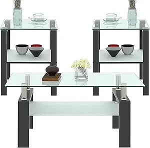 Black Glass Coffee Table Set of 3 Piece