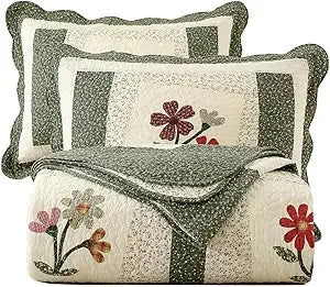 3 Piece Embroidered Floral Quilted Bedspread
