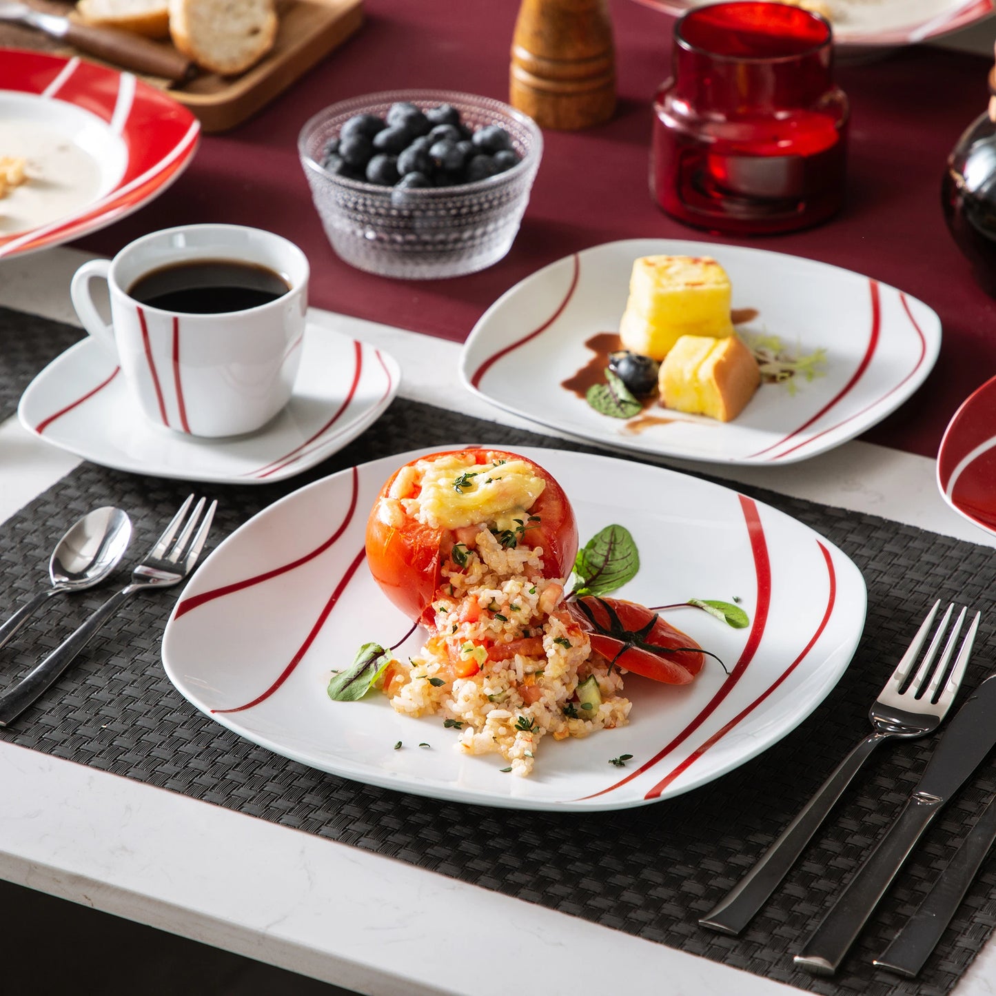30 Pce Red Stripes Ivory White Porcelain Dinner Set