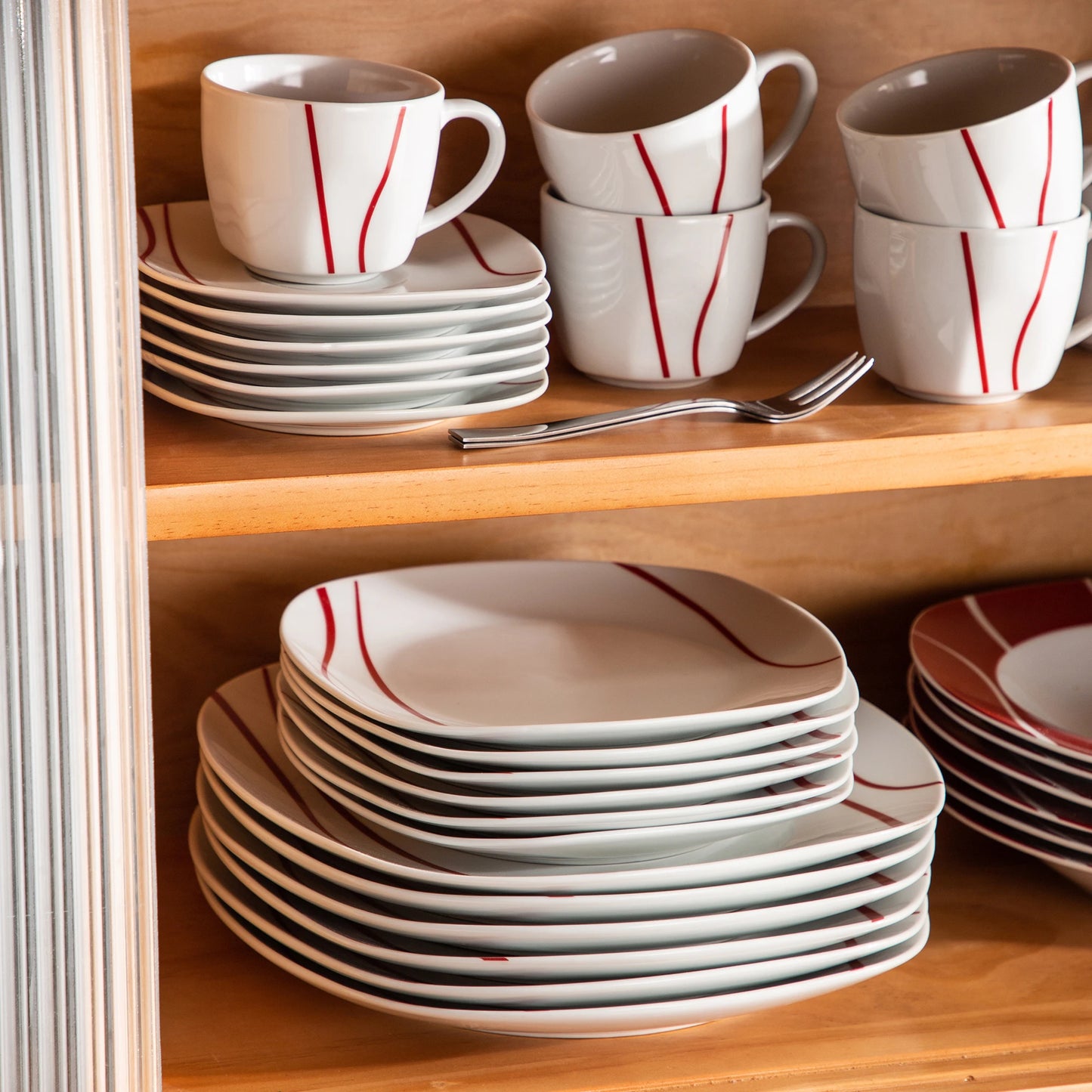 30 Pce Red Stripes Ivory White Porcelain Dinner Set